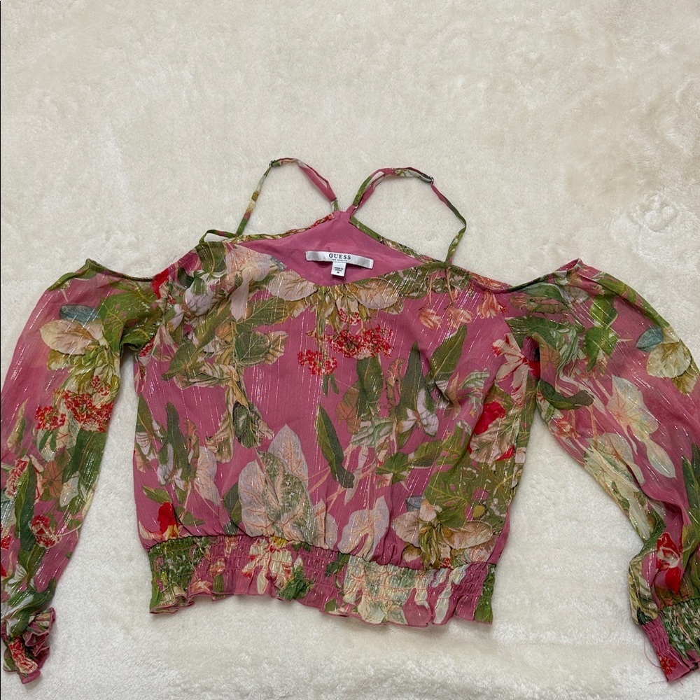 Guess Pink and Green Floral Cold-Shoulder Blouse